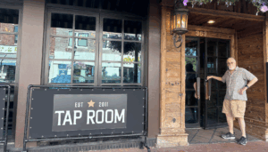 View of double door main entrance to The Tap Room, Huntington